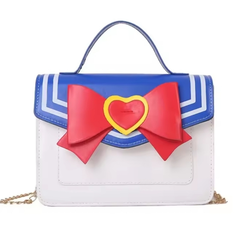 🍒♡White & Blue Sailor-Style Top Handle Bag with Red Bow Accent